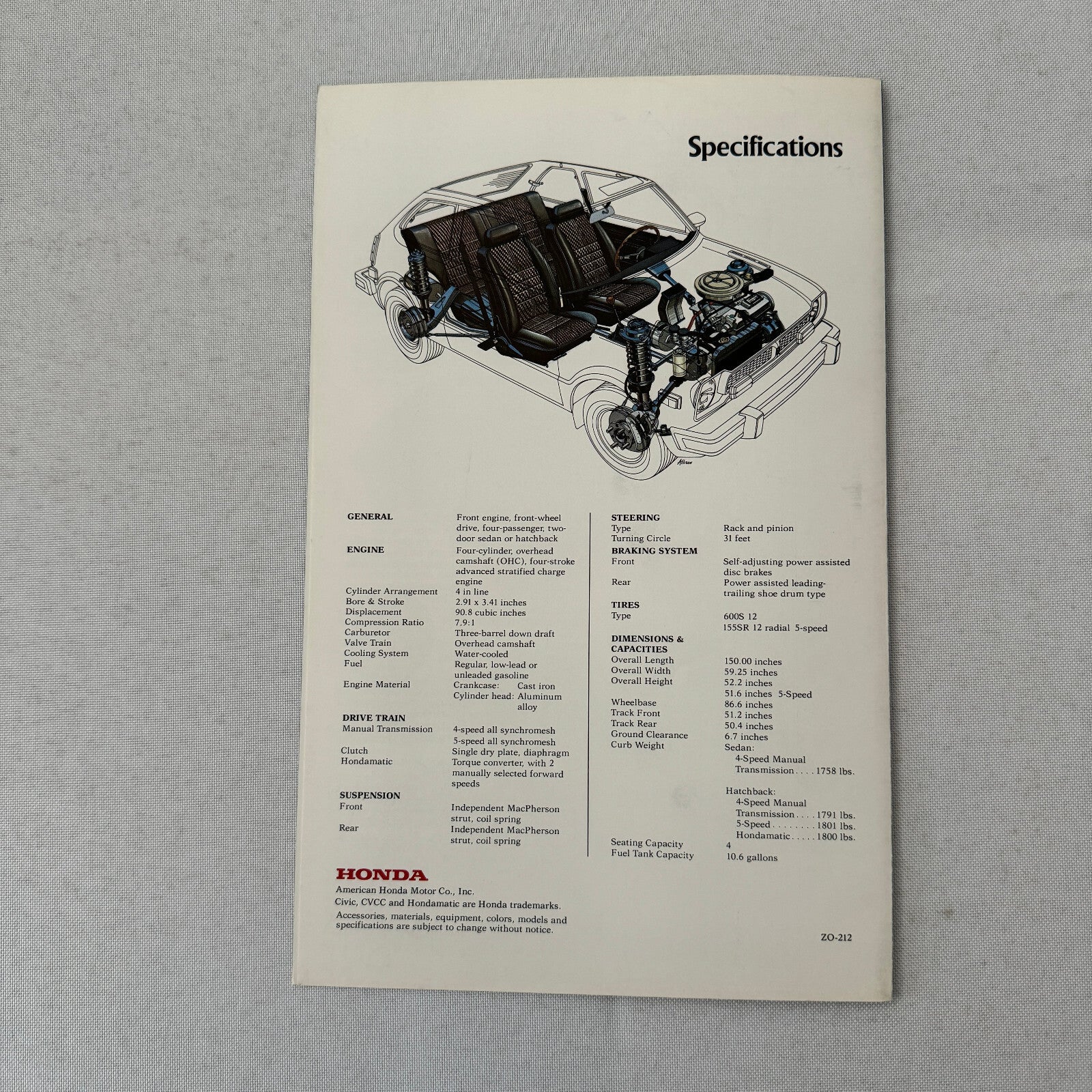 Honda Civic CVCC Sedan Hatch 5 Speed Sales Brochure Catalog 1976 1977