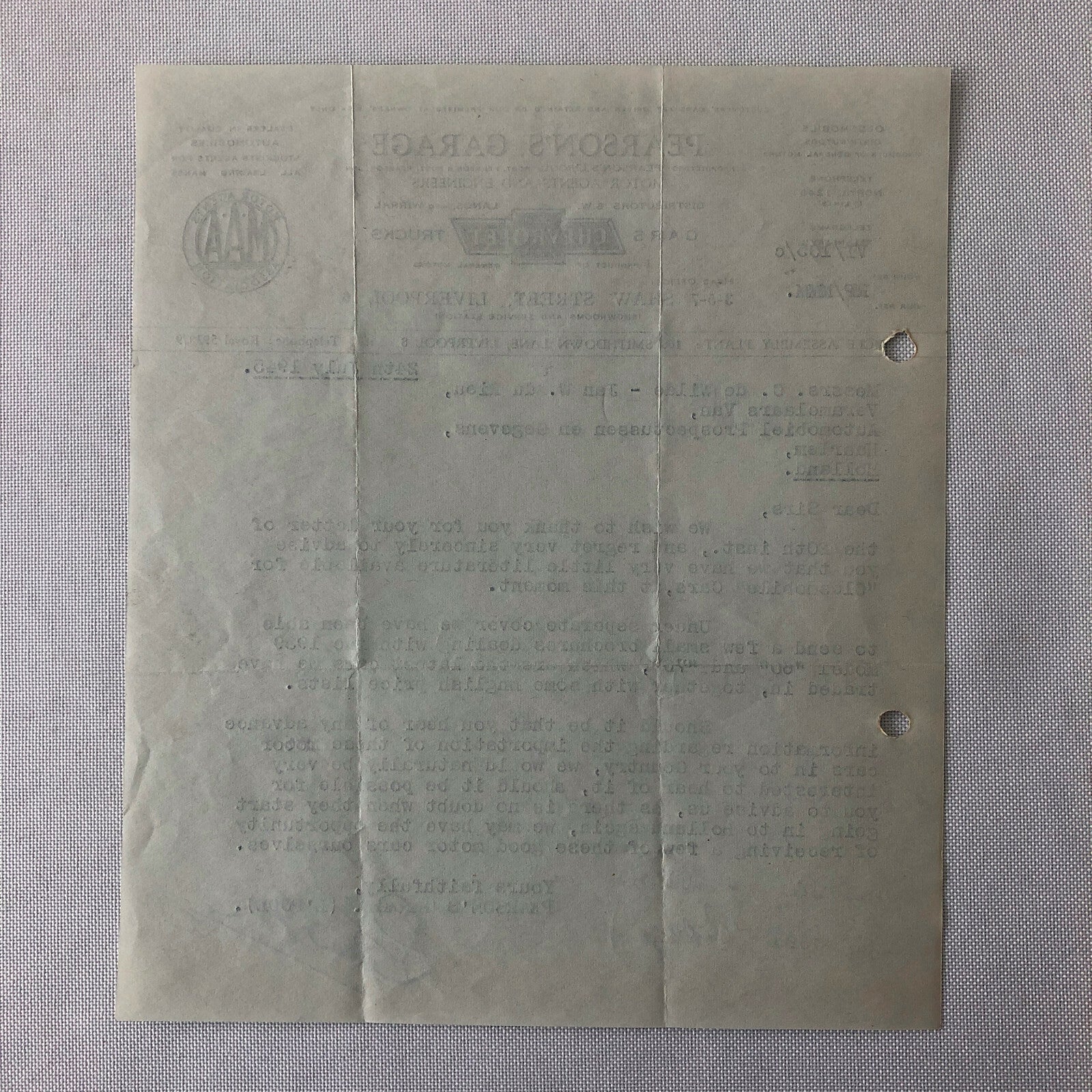 1945 Chevrolet Dealership Letter UK Garage Oldsmobile Car Truck Letterhead