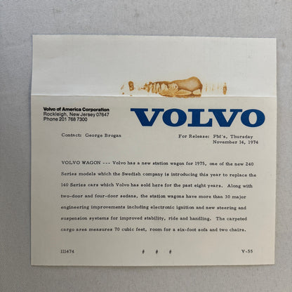 1975 Volvo Press Kit Brochure w/ Photos 164 240 Series Sedan Station Wagon 