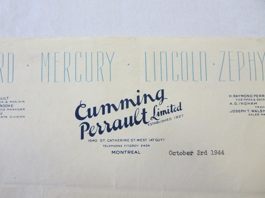 1944 1942 Ford Mercury Lincoln Zephyr Dealer Letter Letterhead Cumming Perrault