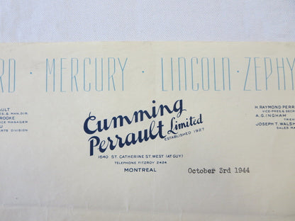 1944 1942 Ford Mercury Lincoln Zephyr Dealer Letter Letterhead Cumming Perrault