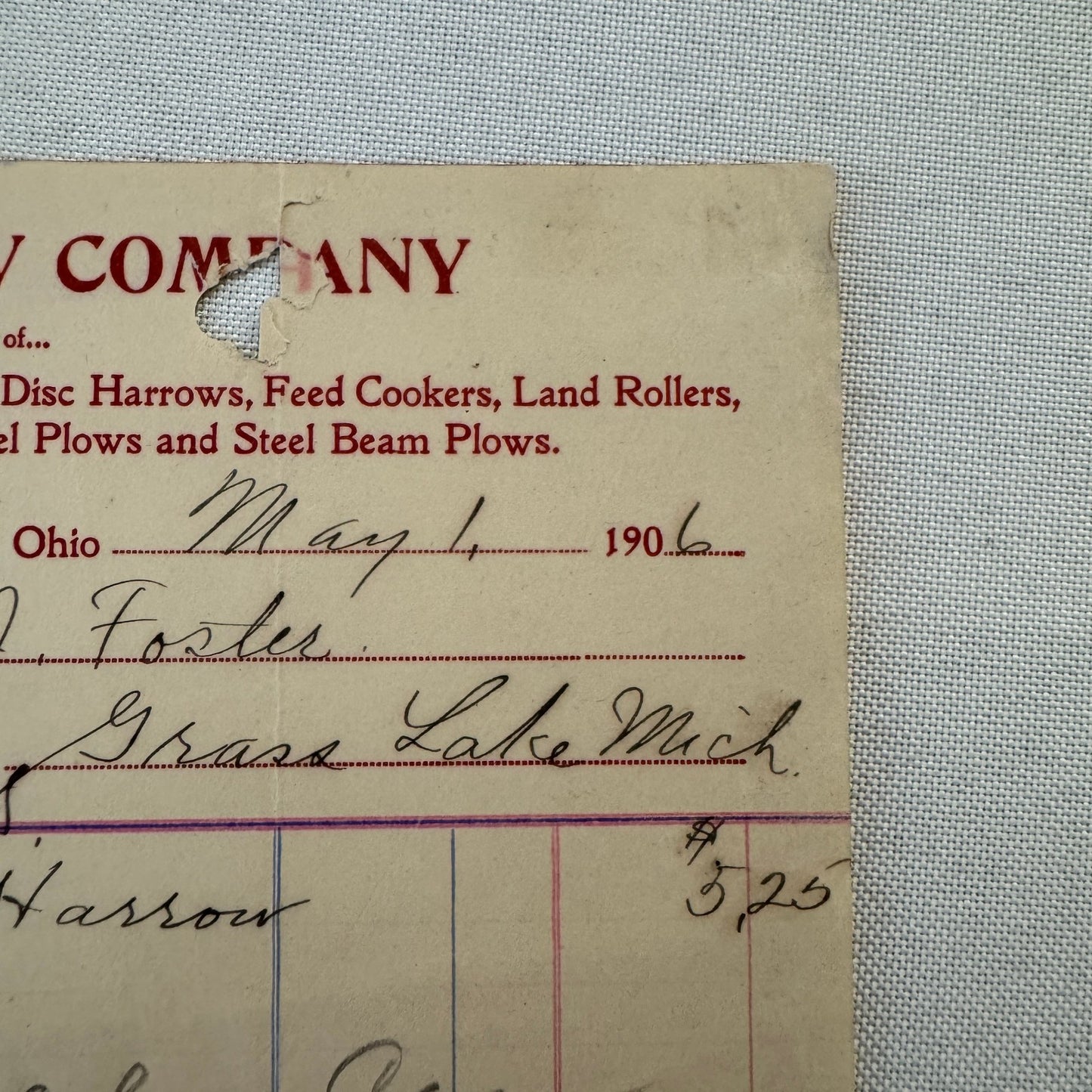 The Toledo Plow Company Invoice Receipt Document Lot 2x 1906 1908 Antique