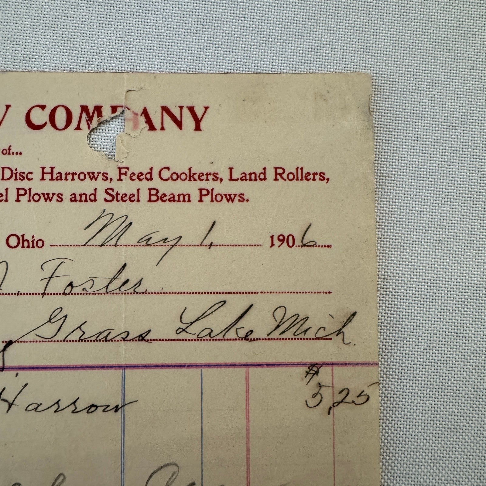 The Toledo Plow Company Invoice Receipt Document Lot 2x 1906 1908 Antique