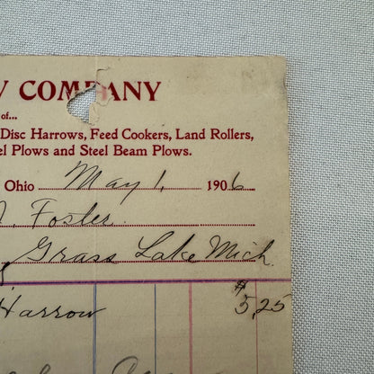 The Toledo Plow Company Invoice Receipt Document Lot 2x 1906 1908 Antique