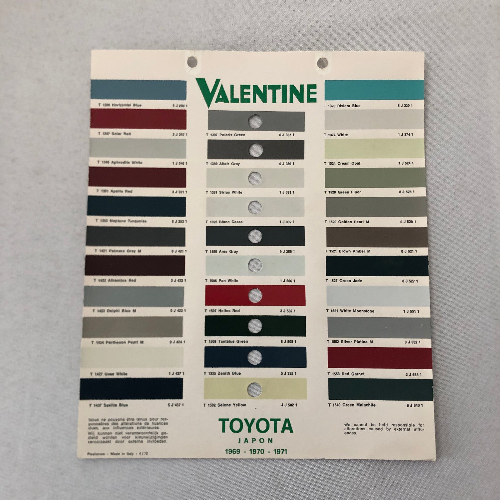 1969 1970 1971 Toyota Car Paint Chip Color Sample Sheet Valentine