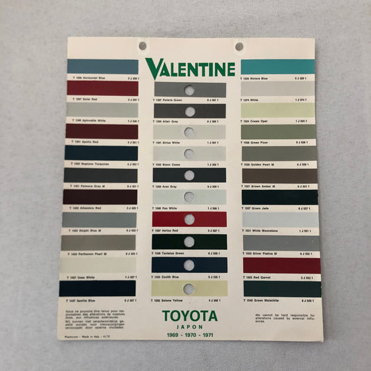 1969 1970 1971 Toyota Car Paint Chip Color Sample Sheet Valentine