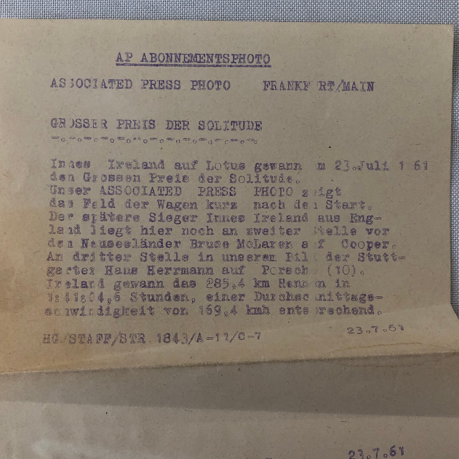 1961 Associated Press Racing Photo Photograph Innes Ireland Lotus Car + 