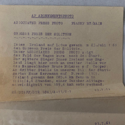 1961 Associated Press Racing Photo Photograph Innes Ireland Lotus Car + 