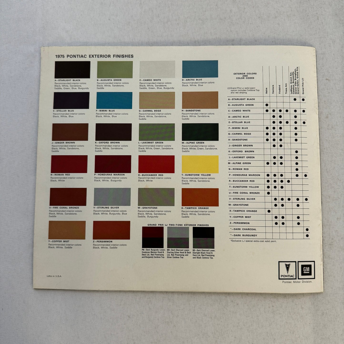 1975 Pontiac Car Sales Brochure Catalog Firebird Grand Am LeMans Grand Ville +