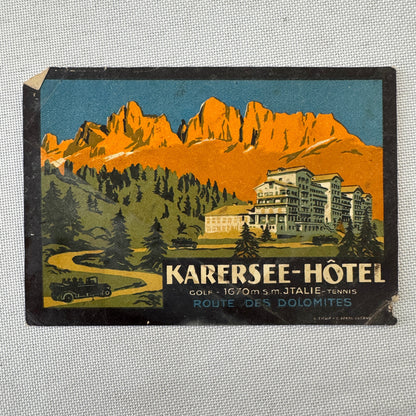 Vintage Hotel Travel Luggage Label Karersee Hotel Route des Dolomites Italy ?