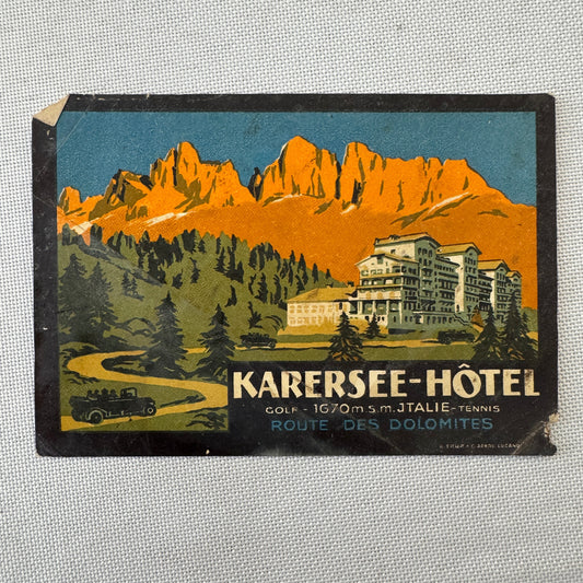 Vintage Hotel Travel Luggage Label Karersee Hotel Route des Dolomites Italy ?
