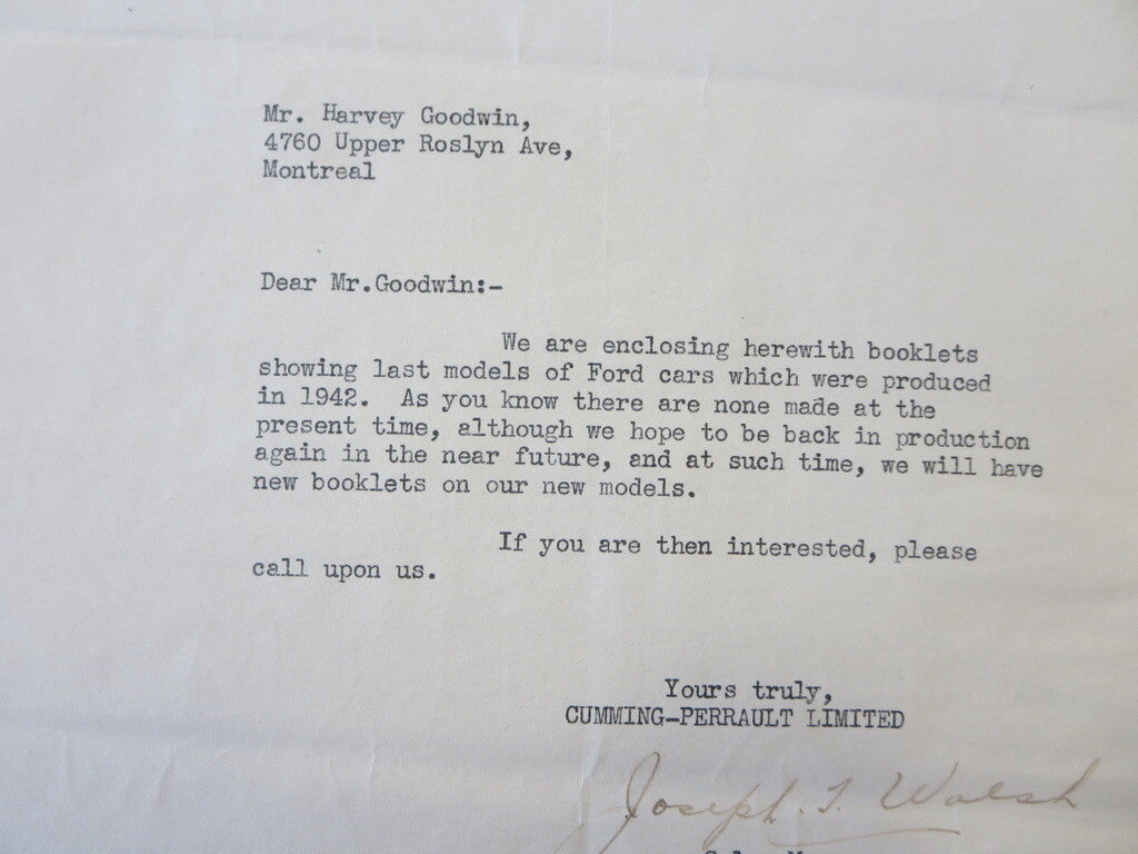1944 1942 Ford Mercury Lincoln Zephyr Dealer Letter Letterhead Cumming Perrault