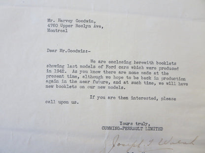 1944 1942 Ford Mercury Lincoln Zephyr Dealer Letter Letterhead Cumming Perrault