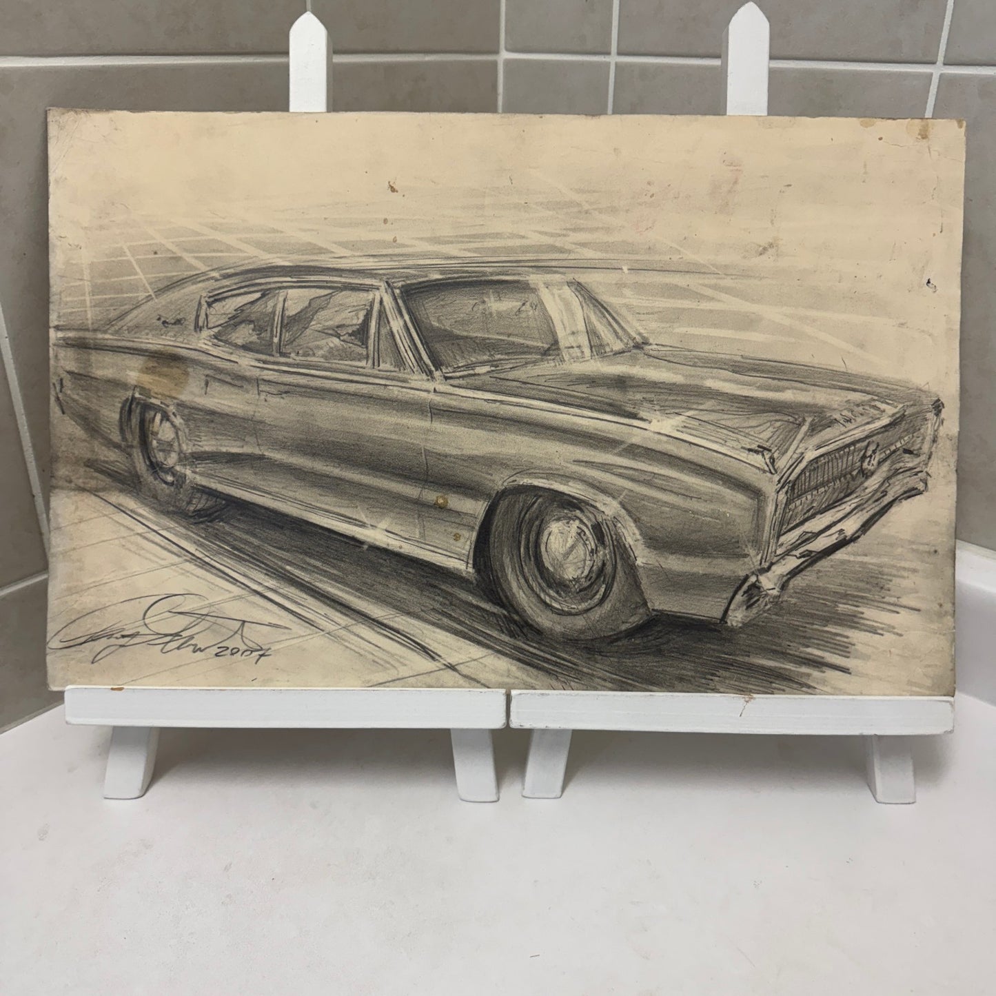 Dodge Charger Vintage Car Illustration Drawing Sketch Original Art Signed