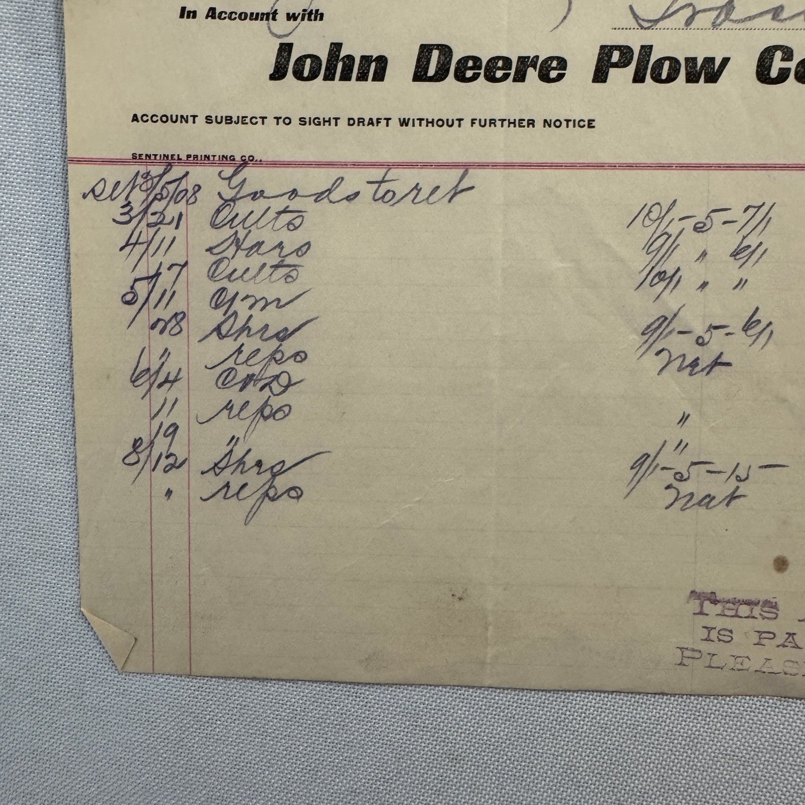 1908 John Deere Plow Company Antique Document Receipt Invoice Farm Equipment