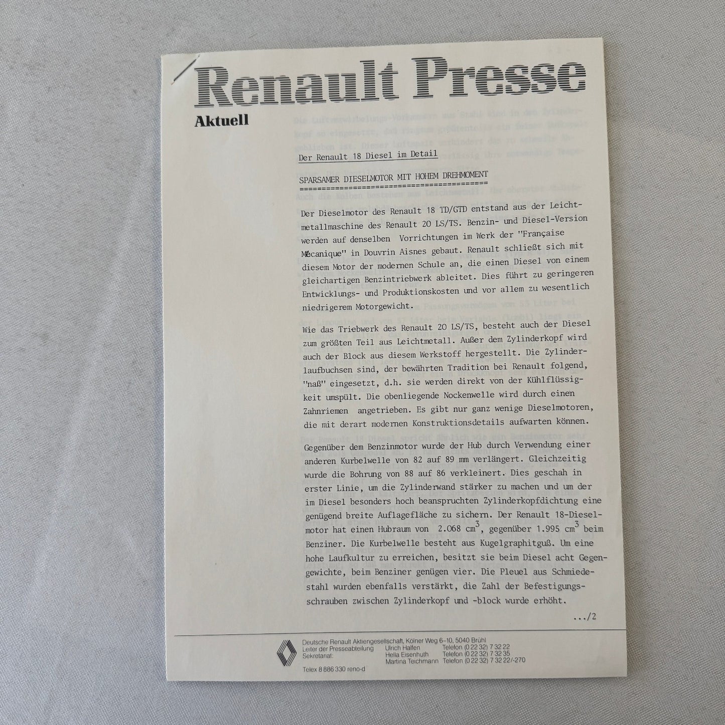 Renault 18 Diesel Car Factory Press Kit Renault 18 TD GTD GERMAN Text 1980 1981