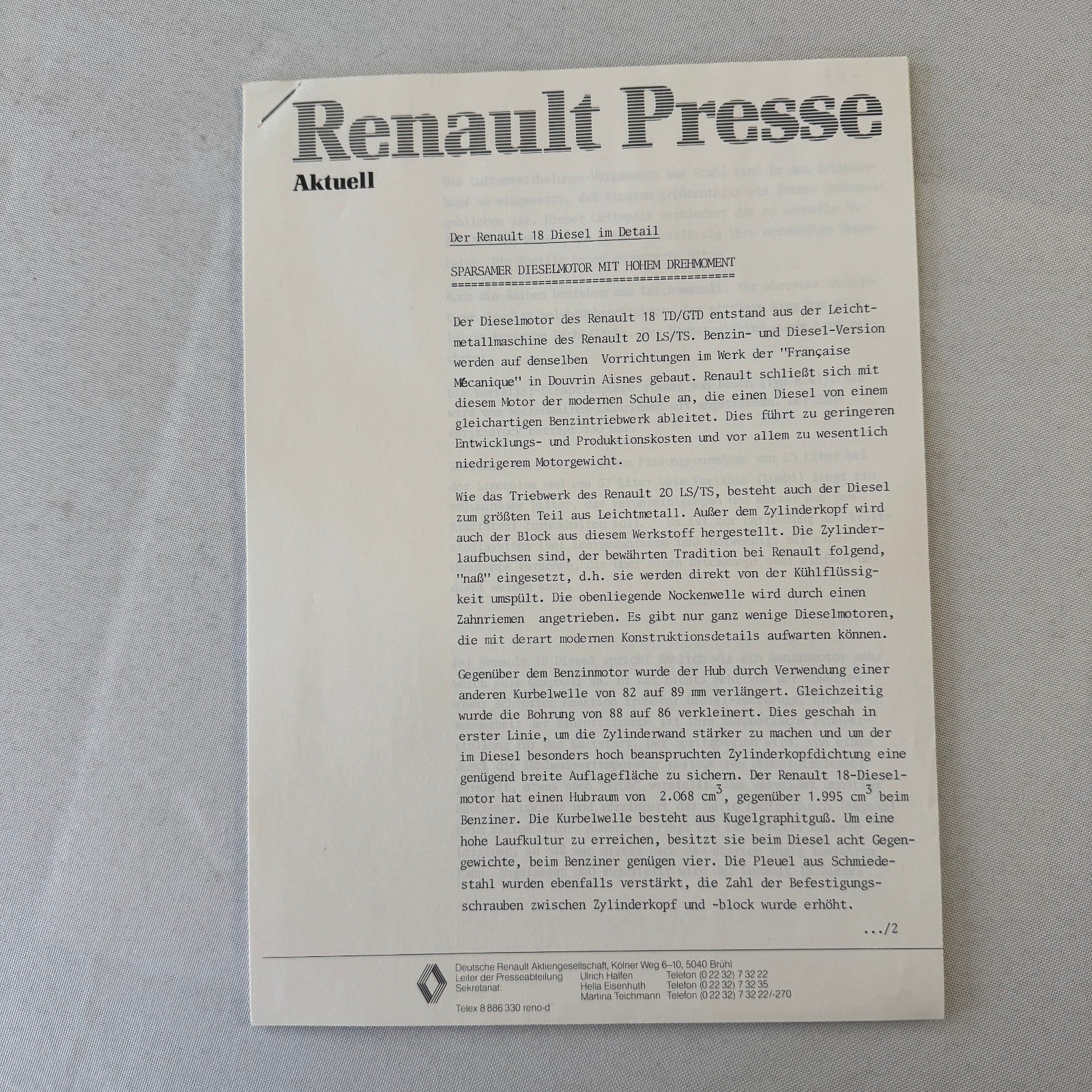 Renault 18 Diesel Car Factory Press Kit Renault 18 TD GTD GERMAN Text 1980 1981
