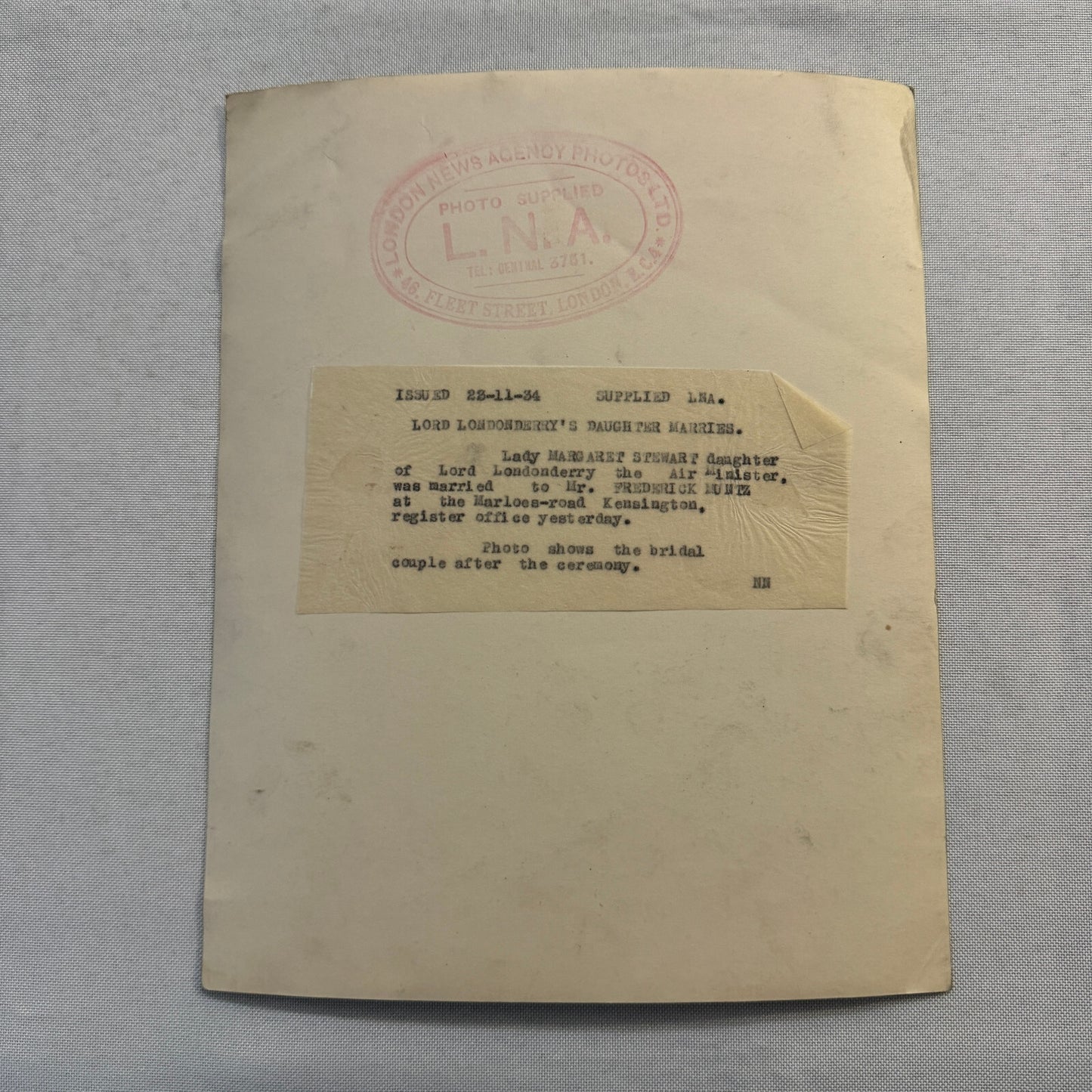 1934 Wedding Press Photo Photograph British London News LNA Lord Londonderry