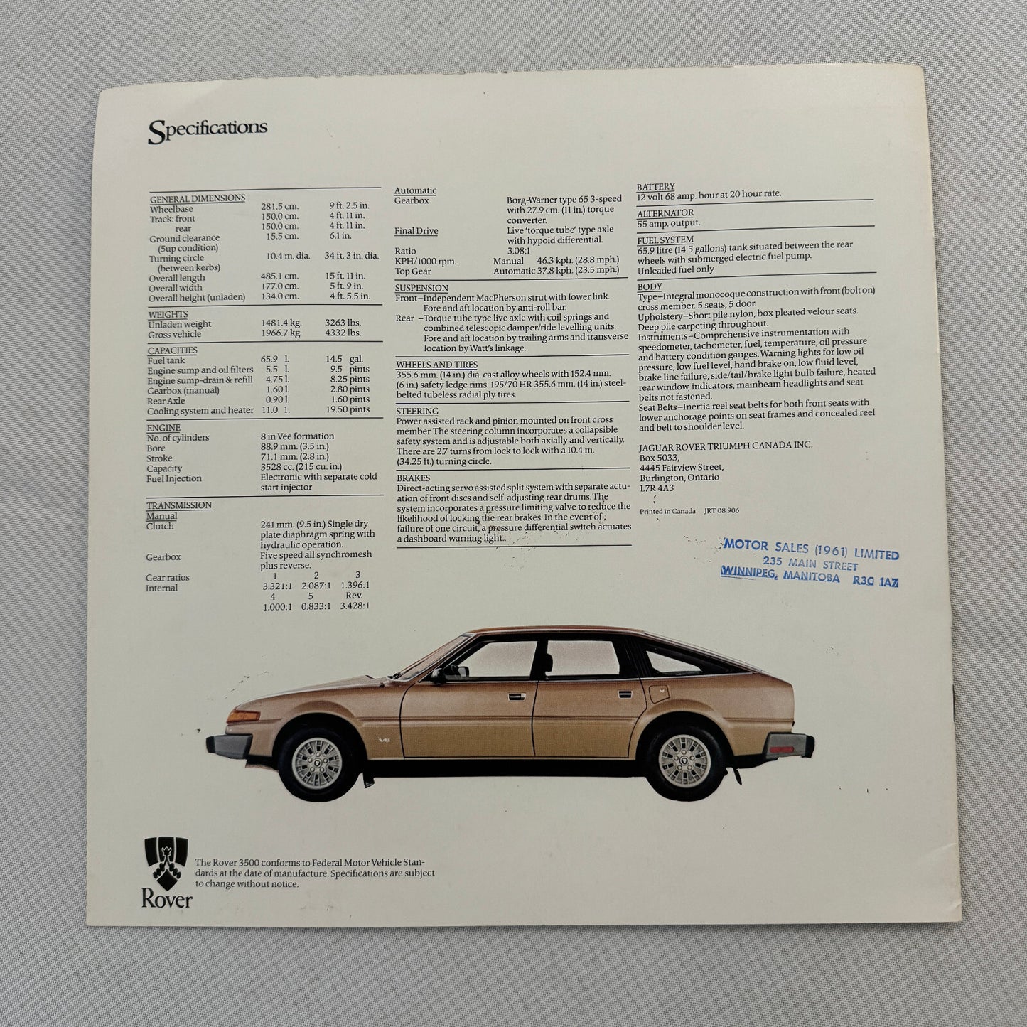 Rover 3500 Car Sales Brochure Catalog Advertising Vintage