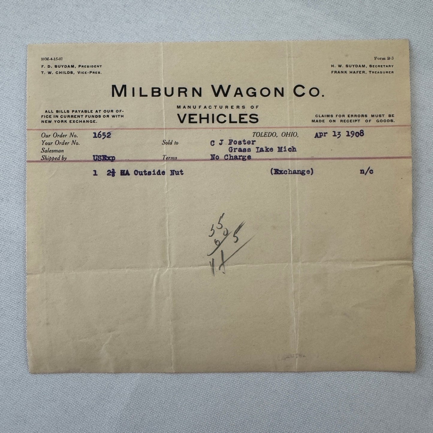 Milburn Wagon Company 1908 Toledo Ohio Invoice Receipt Document Lot 2x Antique