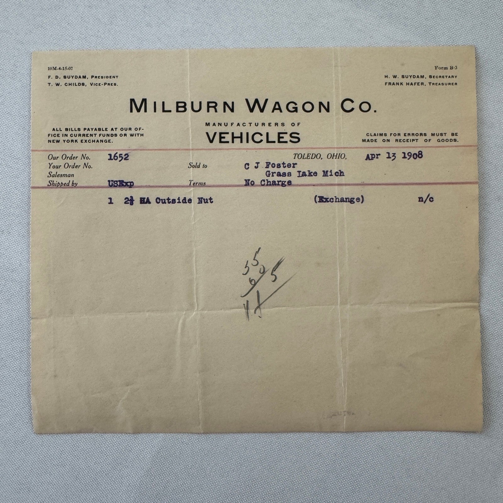Milburn Wagon Company 1908 Toledo Ohio Invoice Receipt Document Lot 2x Antique