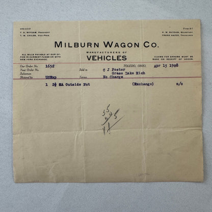 Milburn Wagon Company 1908 Toledo Ohio Invoice Receipt Document Lot 2x Antique