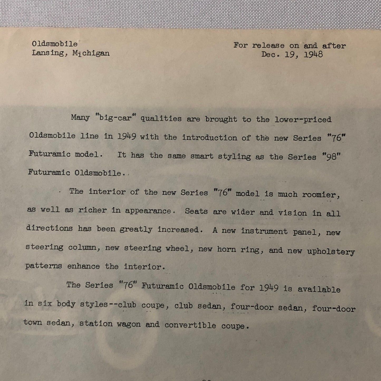 1949 Oldsmobile Series 76 Futuramic Sedan Factory Press Photo Photograph