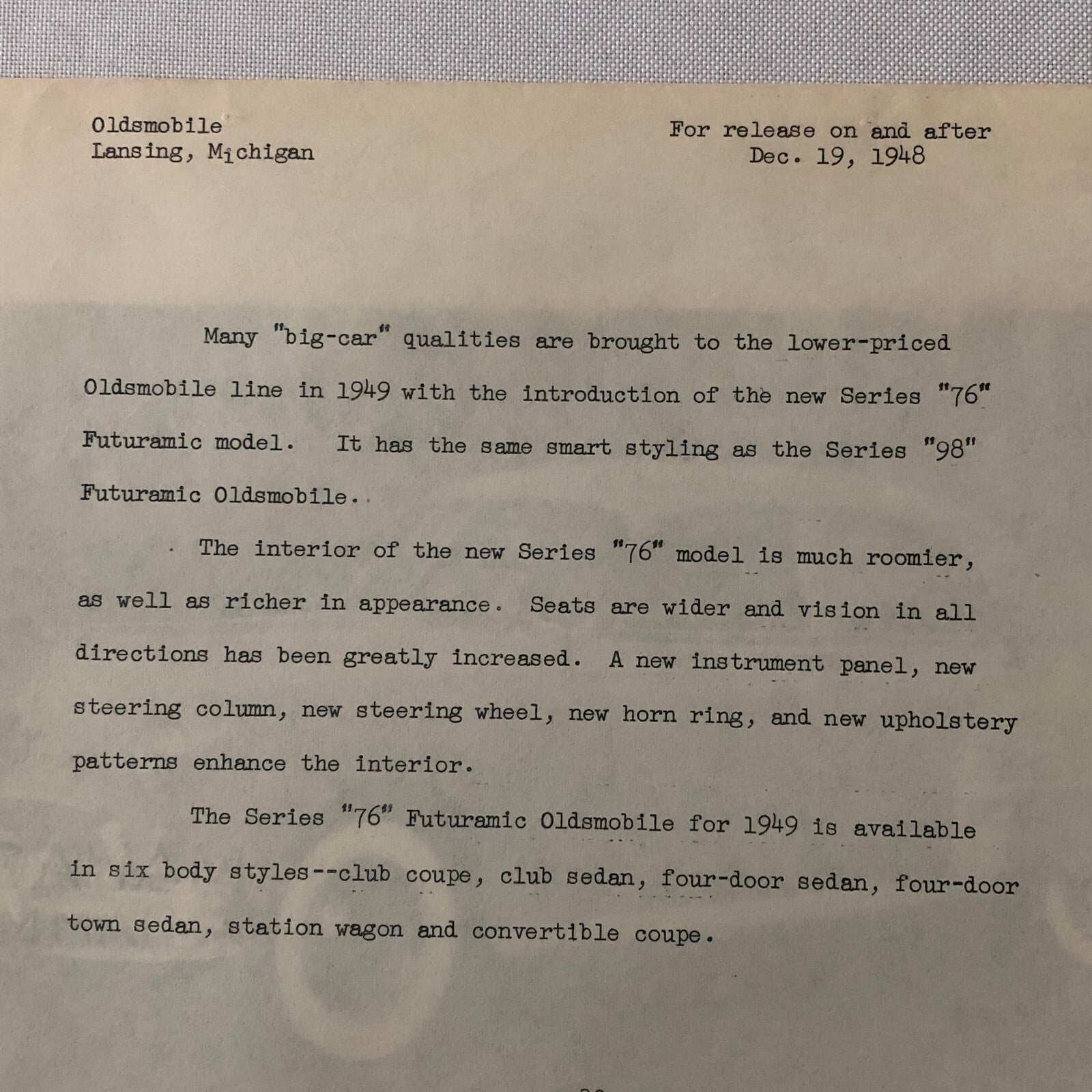 1949 Oldsmobile Series 76 Futuramic Sedan Factory Press Photo Photograph