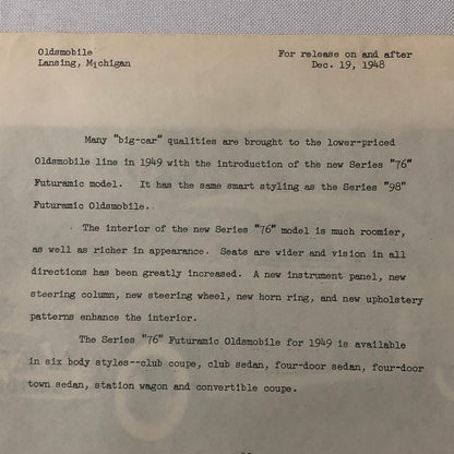 1949 Oldsmobile Series 76 Futuramic Sedan Factory Press Photo Photograph