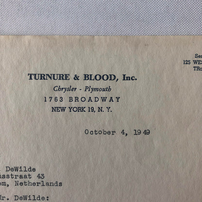 1949 Chrysler Plymouth Dealership Letter Turnure & Blood New York Letterhead