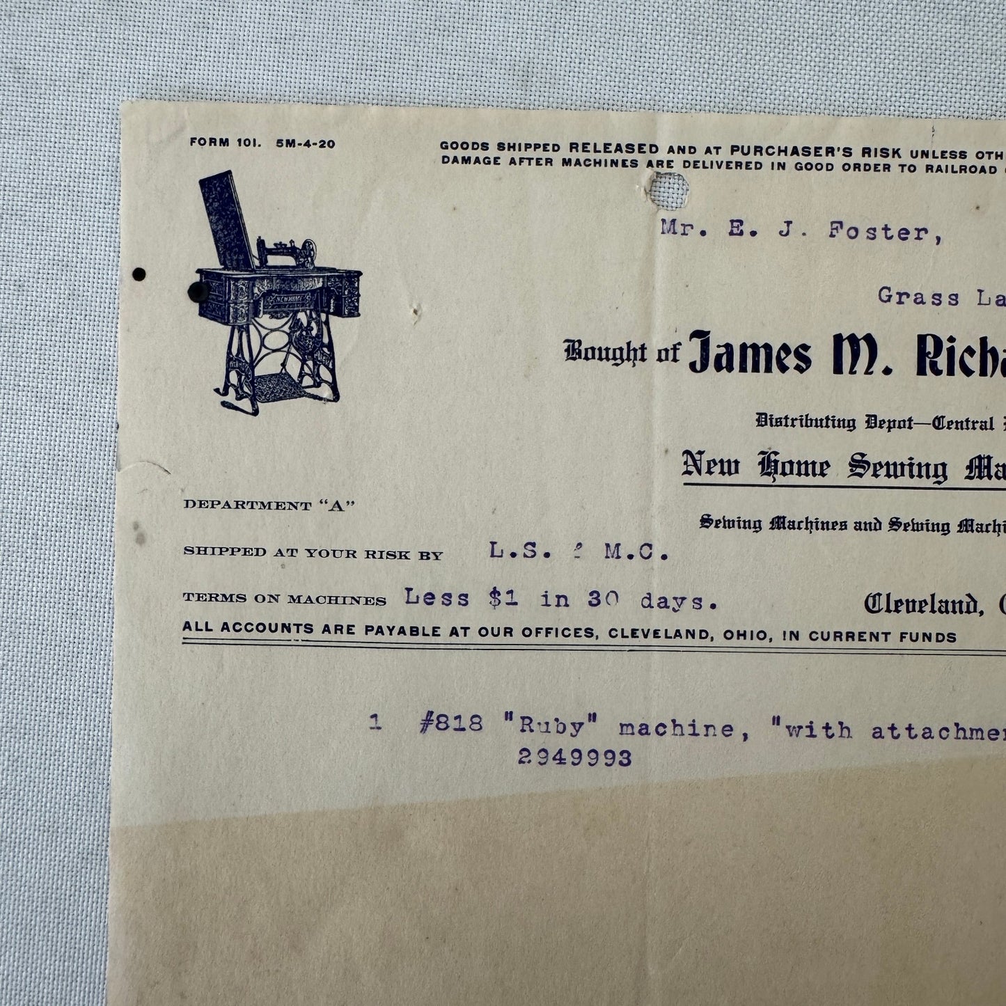 James M Richardson Company Receipt Invoice Document 1908 Sewing Machine Ohio