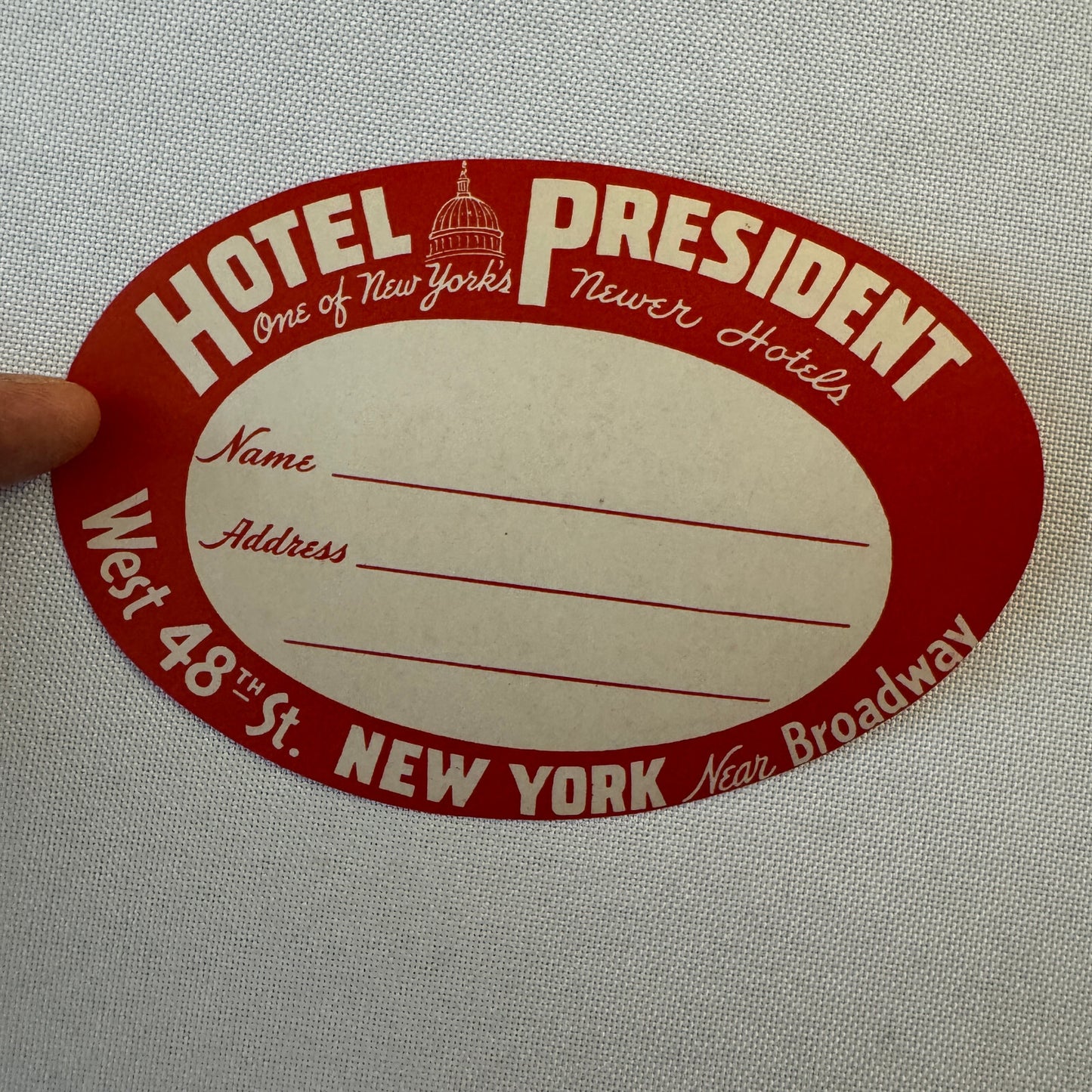 Vintage Hotel Travel Luggage Label Hotel President New York Broadway