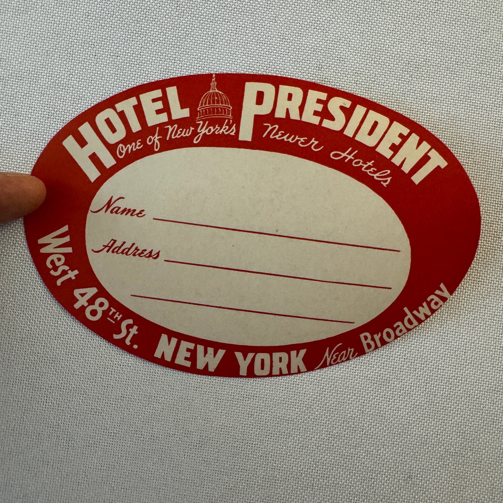 Vintage Hotel Travel Luggage Label Hotel President New York Broadway