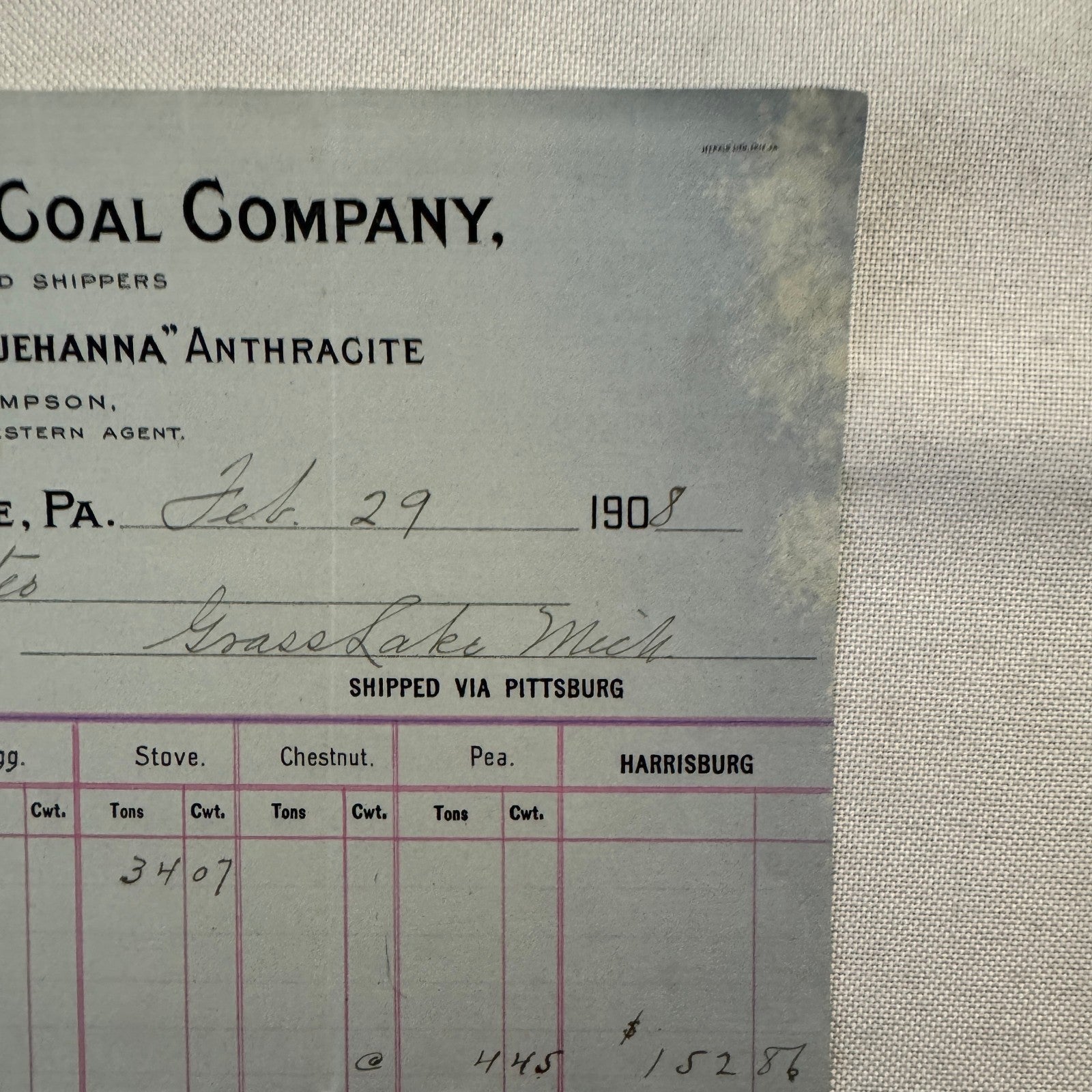 1908 Susquehanna Coal Company Invoice Receipt Document Lot 6x Erie Pennsylvania