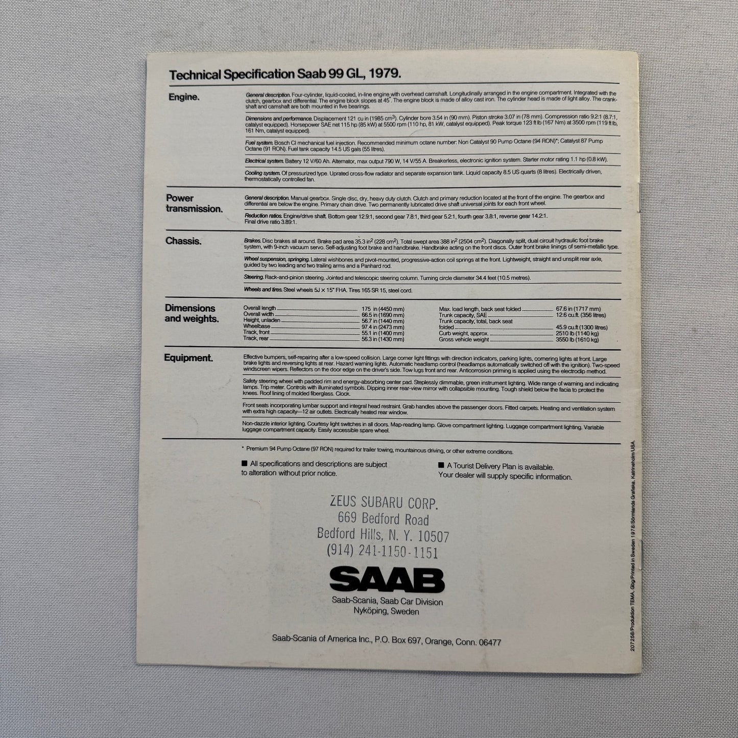 1979 Saab 99GL Car Sales Brochure Catalog Saab 99 GL Automobile