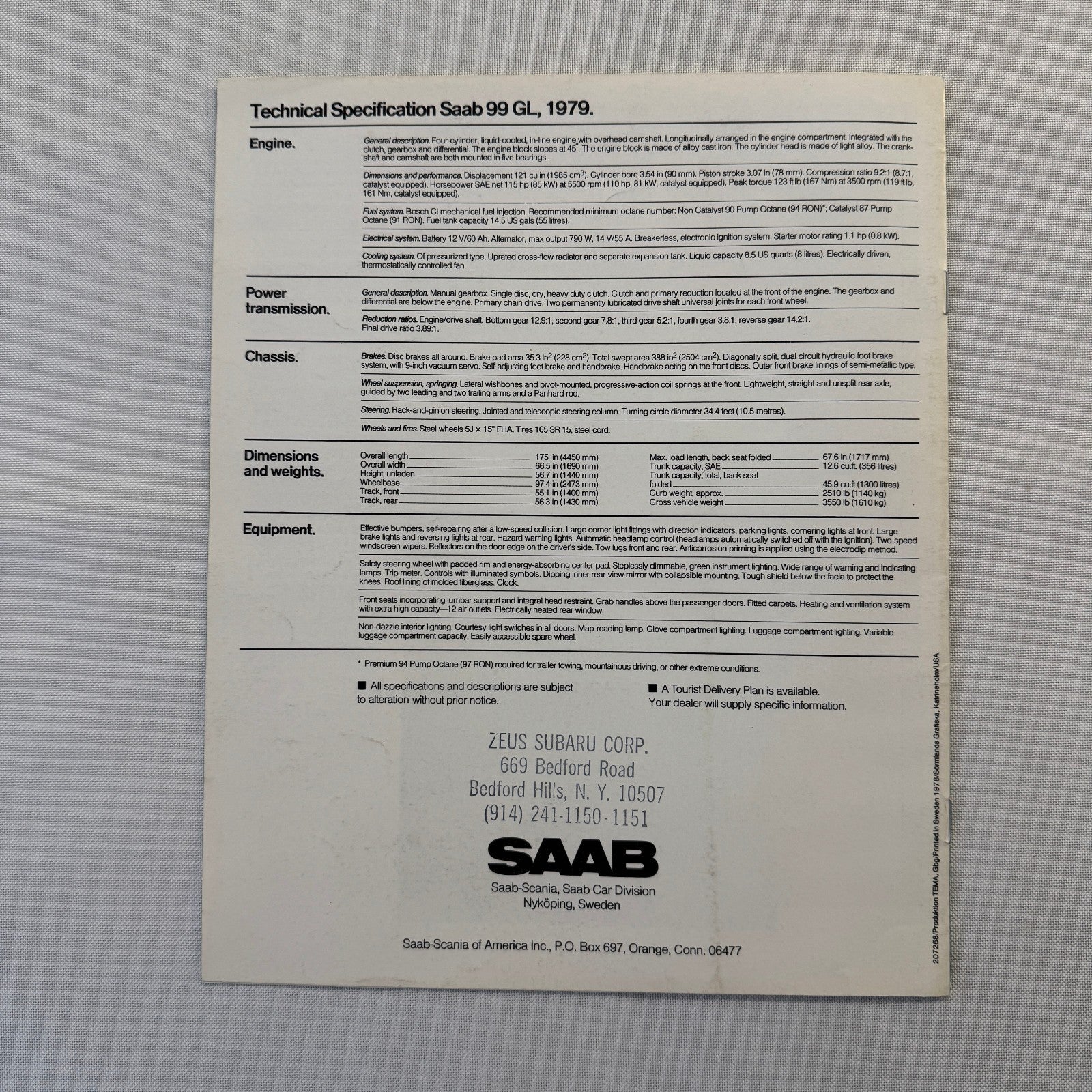 1979 Saab 99GL Car Sales Brochure Catalog Saab 99 GL Automobile