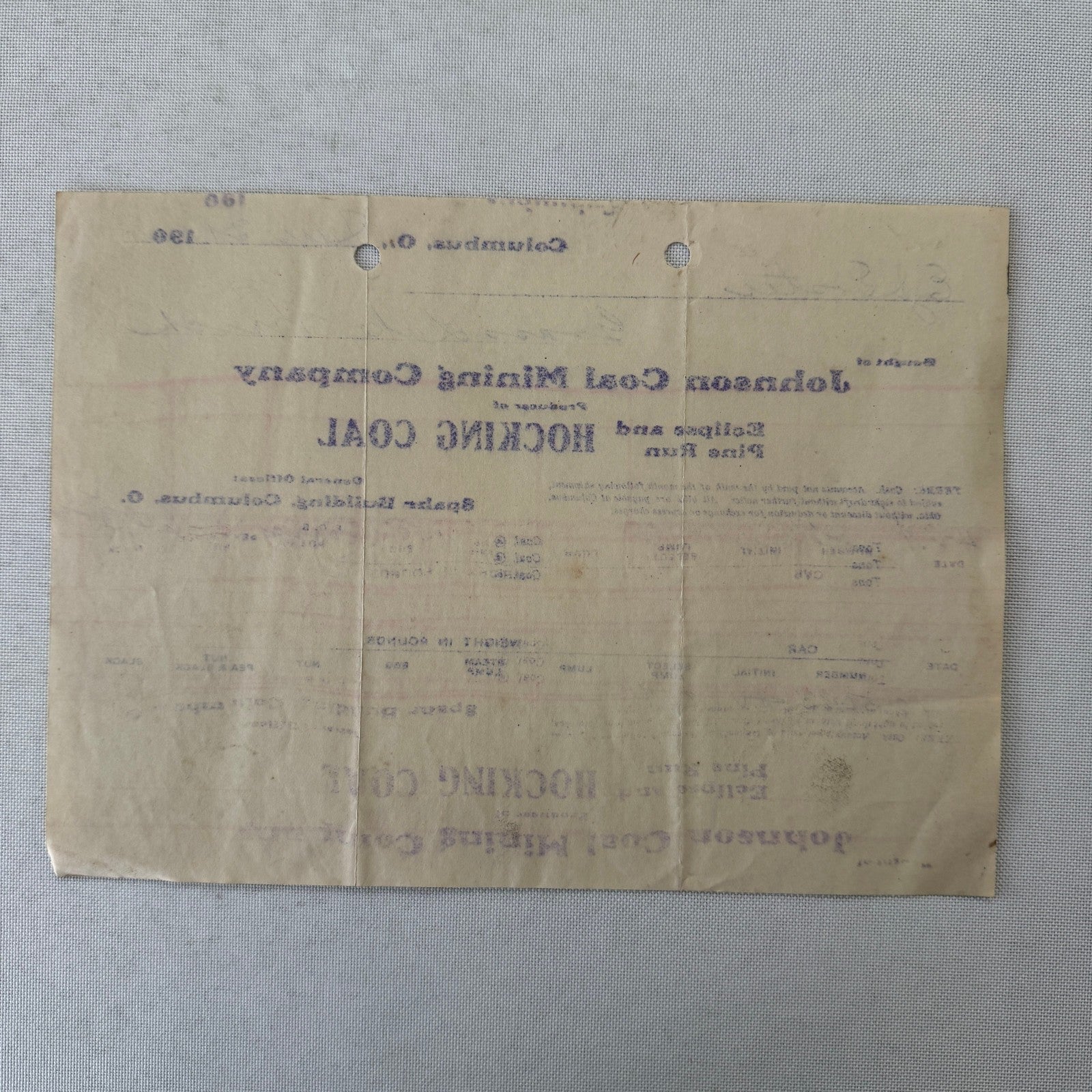Johnson Coal Mining Company Receipt Invoice Document Letterhead 1908 Columbus OH
