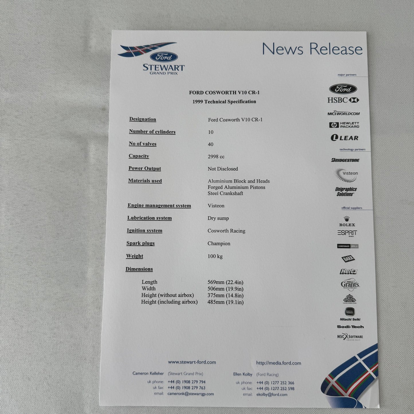 1999 Ford Jackie Stewart Racing Team SF3 Press Kit 35mm Slides Brochure Photos
