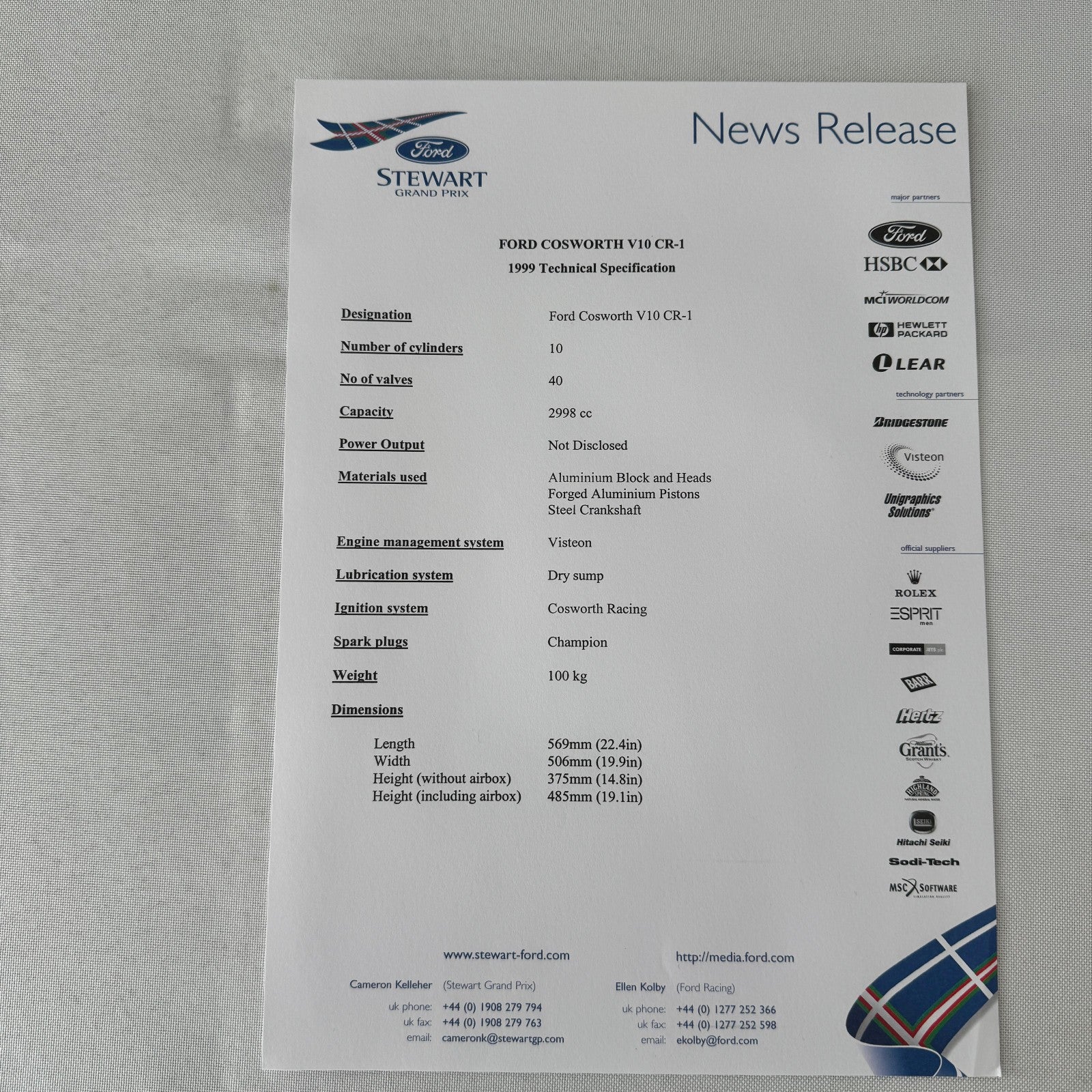 1999 Ford Jackie Stewart Racing Team SF3 Press Kit 35mm Slides Brochure Photos