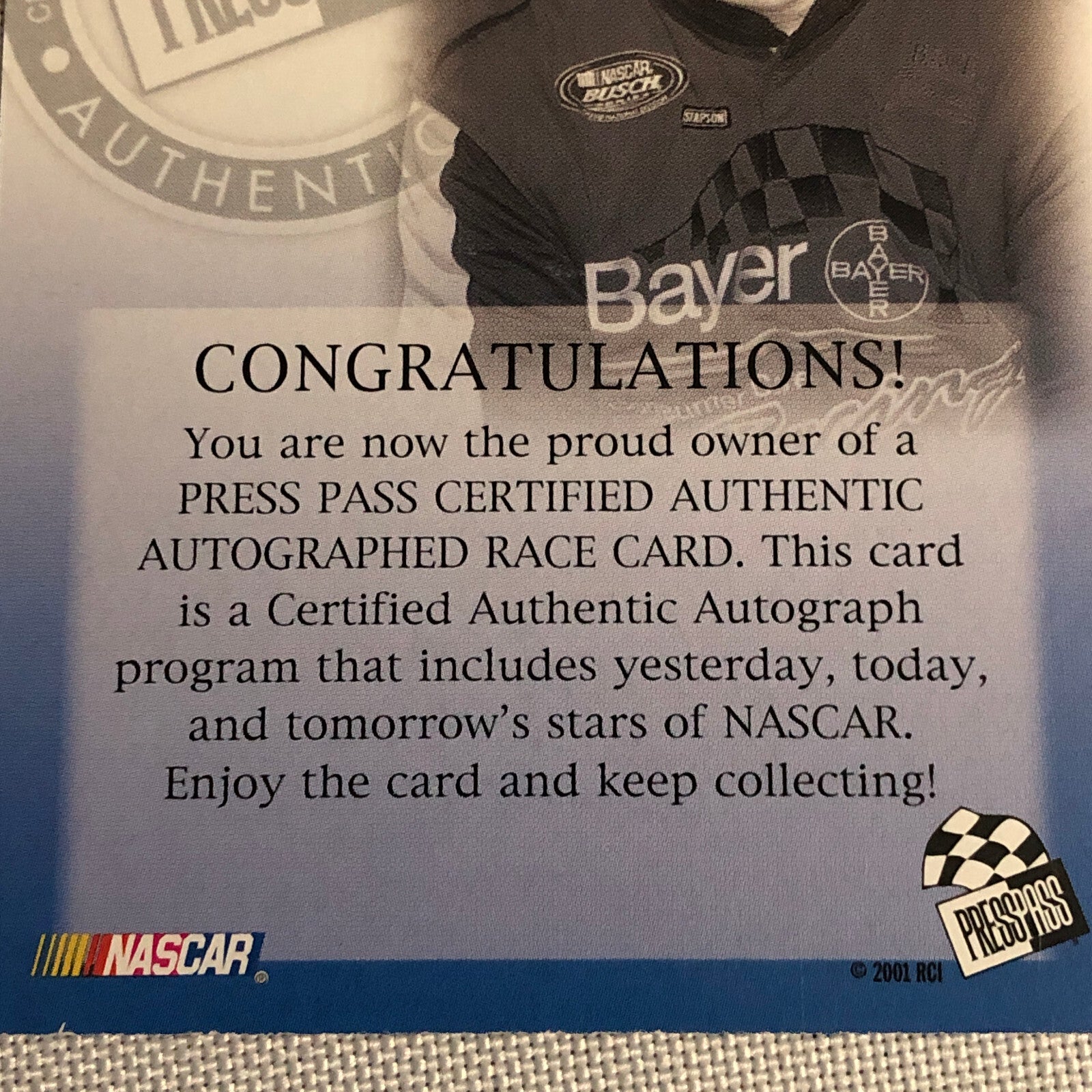 2001 Press Pass Autograph Tony Raines Signed Autographed Signature Card NASCAR