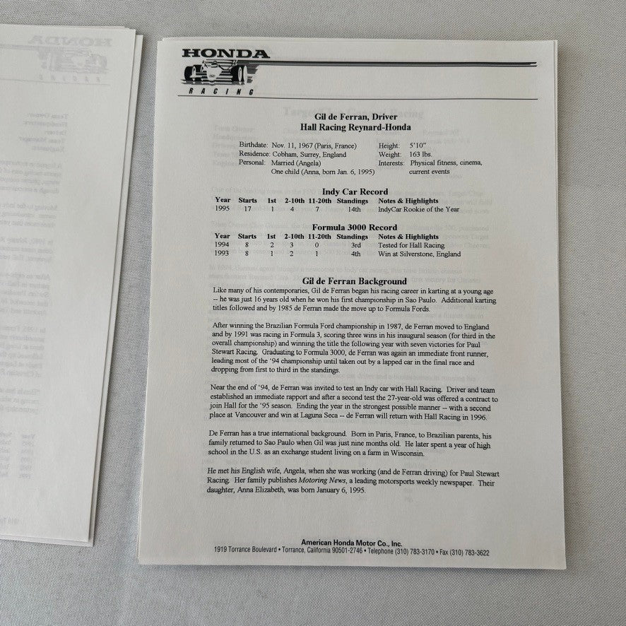 1996 Honda Indy Racing Press Kit Brochure Andre Ribeiro