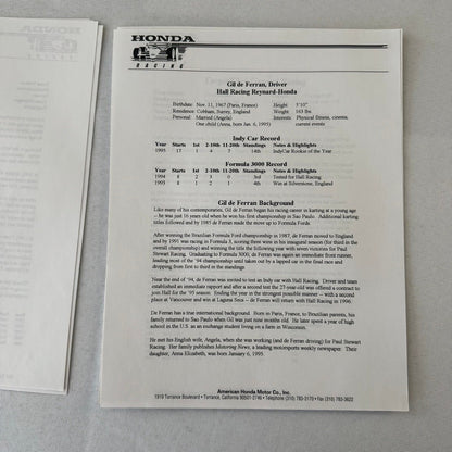 1996 Honda Indy Racing Press Kit Brochure Andre Ribeiro