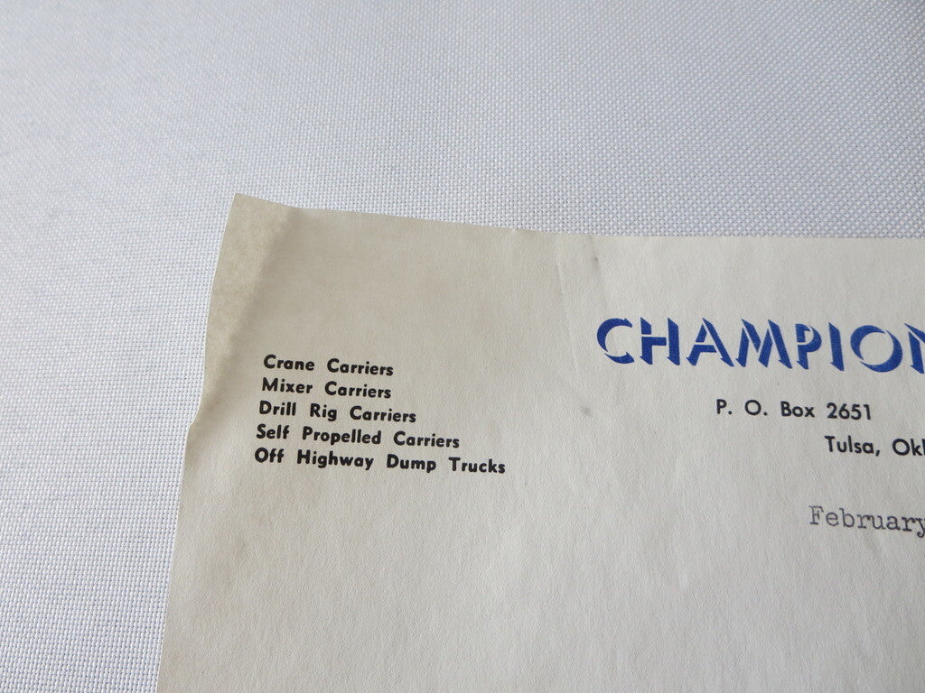 1959 Champion Carriers Letter Letterhead Document Truck Construction Equipment +