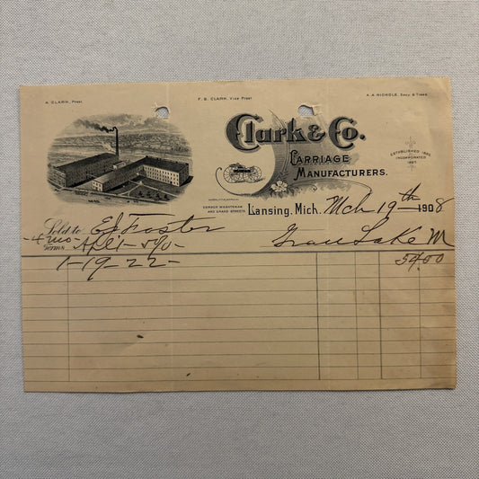 Clark and Company Carriage Manufacturer Letterhead Document Lansing MI 1908