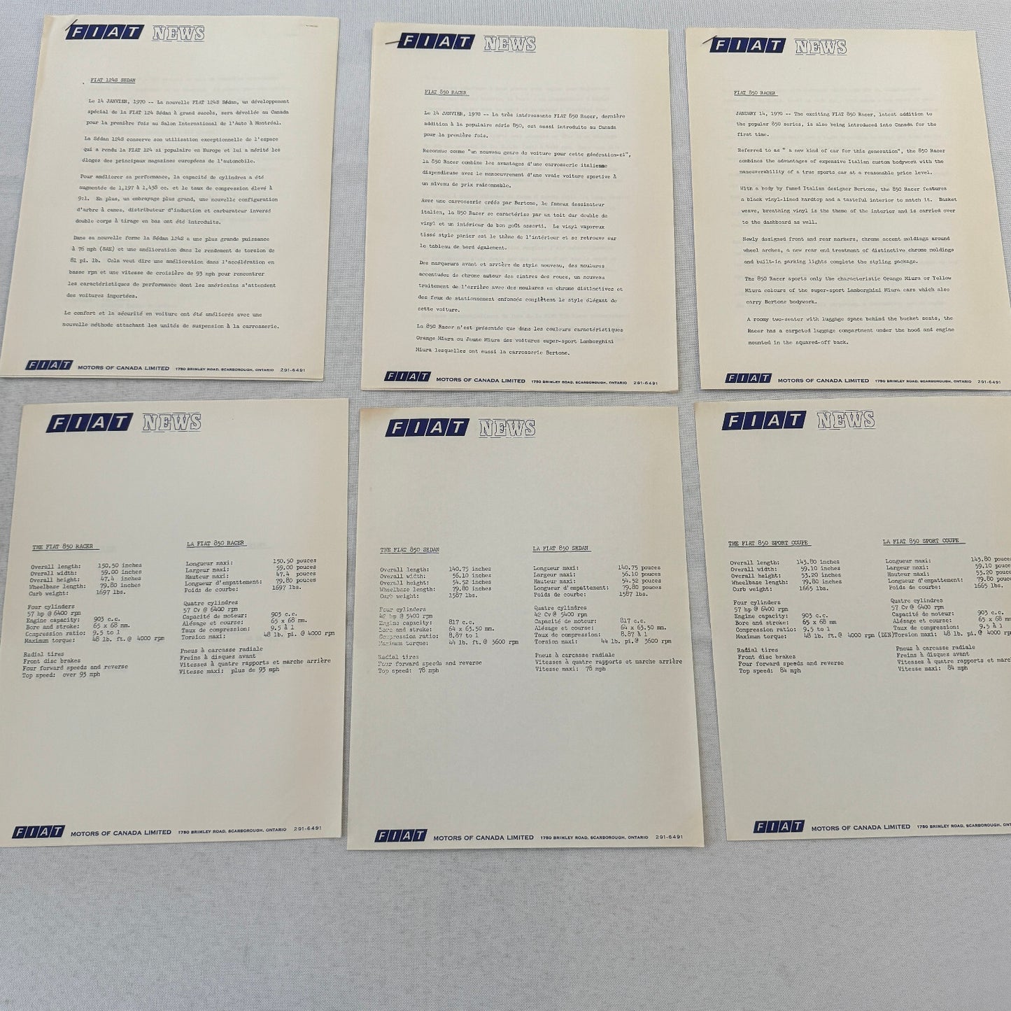 1970 Fiat Press Kit Brochure Photos 124 850 Sport Coupe 124S 850 Sedan
