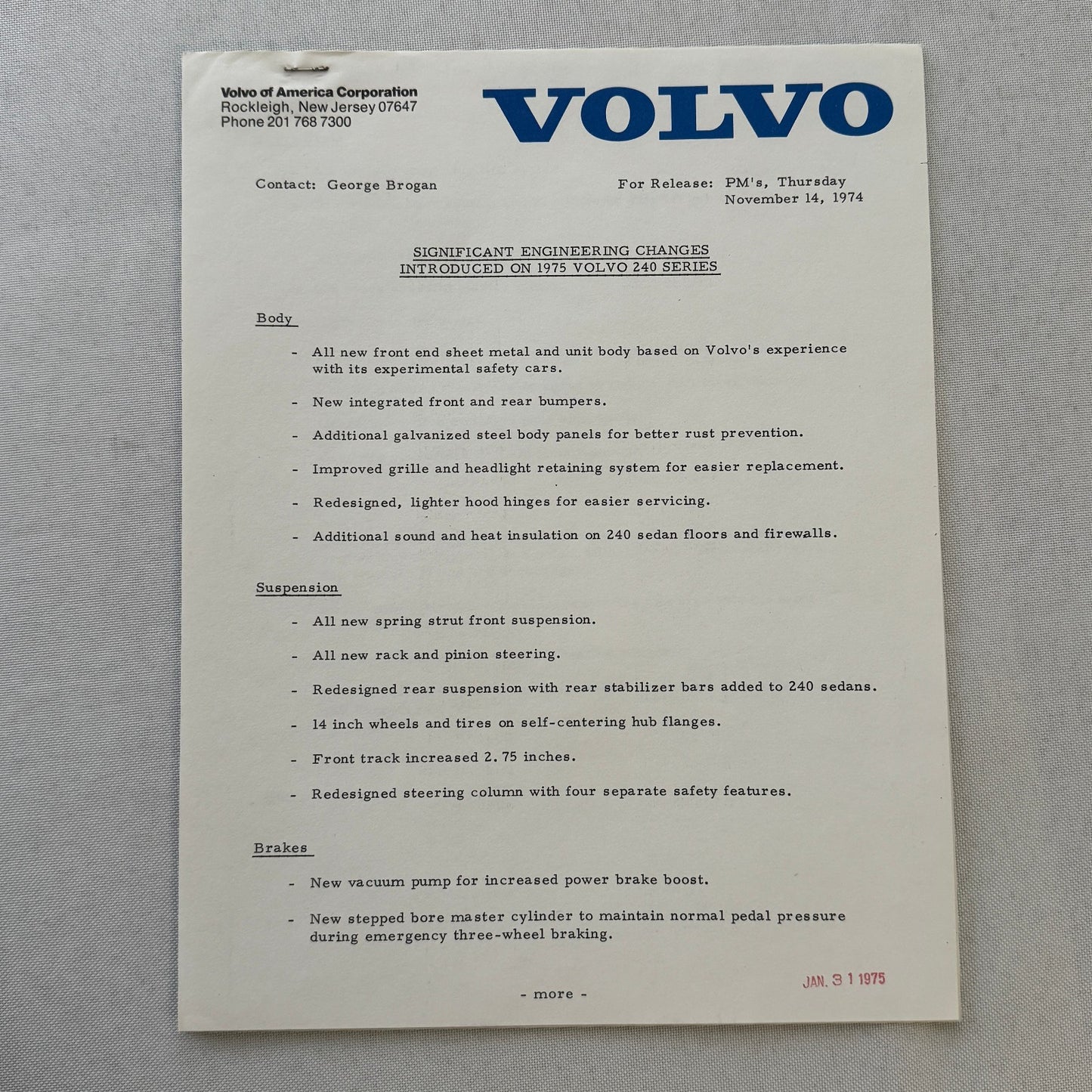 1975 Volvo Press Kit Brochure w/ Photos 164 240 Series Sedan Station Wagon 