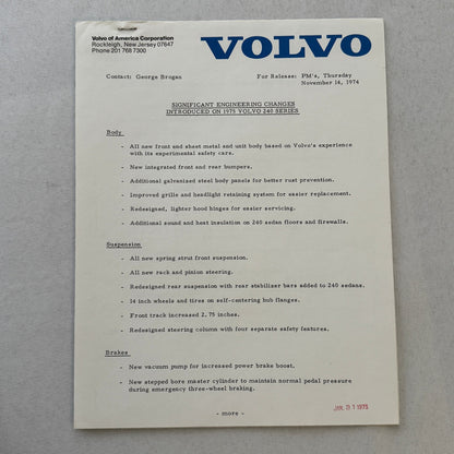 1975 Volvo Press Kit Brochure w/ Photos 164 240 Series Sedan Station Wagon 