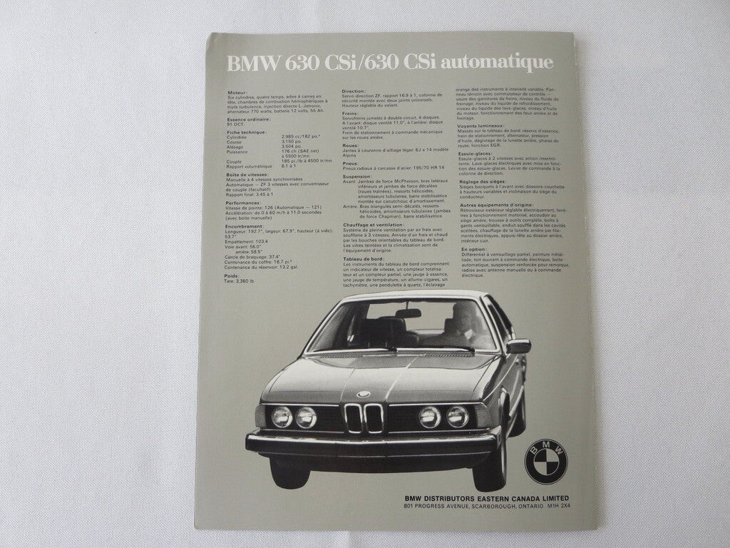 Vintage BMW Sales Brochure Catalog - 630 CSi 320i 530i Automatic + FRENCH TEXT 
