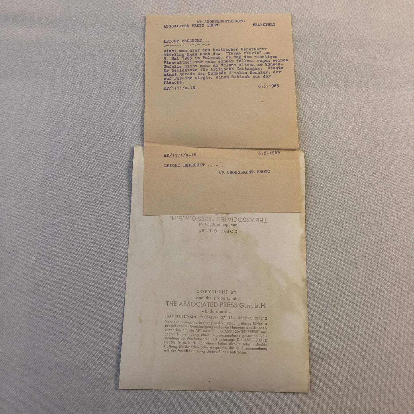 Vintage 1963 Stirling Moss and Joakim Bonnier Racing Press Photo Photograph 