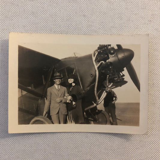 Vintage Snapshot Photo Photograph Print Breese 5 Airplane Aircraft Plane Couple